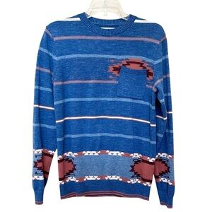 Lucky Brand Sweater Men’s Size Small Blue Southwestern Cotton Knit  Crewneck